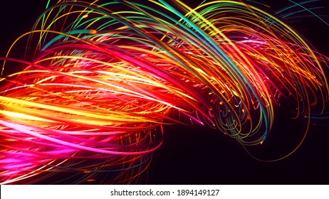 Closeup of futuristic fiber optic cables or wires with smooth wavy patterns and illuminated light effect, Powerful communication technology network, Industrial and technology Concept, 3D render.