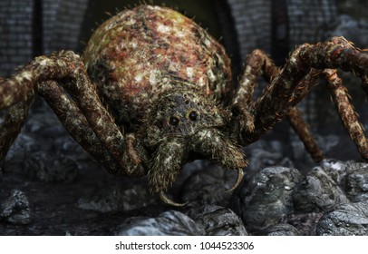 Closeup of a giant spider closing in on its prey. 3d rendering