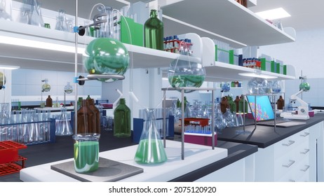 Close-up Of Glass Flasks With Color Liquid And Other Research Laboratory Equipment In Modern Science Medical Lab. With No People 3D Illustration On Healthcare Theme From My Own 3D Rendering File.