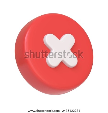 Close-up of a glossy red button featuring a prominent white cross, symbolizing error or cancellation isolated on a white background. 3D icon, sign and symbol. Side view. 3D Render Illustration