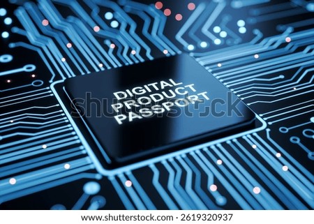 Close-up of glowing microchip labeled digital product passport on a futuristic circuit board background, concept of innovation and virtual technology. 3D Rendering