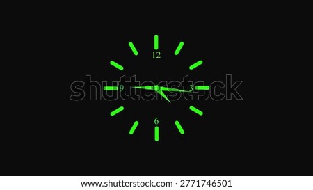 A close-up of a glow-in-the-dark clock face set against a black background. The clock face green glow-in-the-dark numbers and markers. The hour and minute hands are also green and point to approximately 10 o'clock. The clock face is centered in the