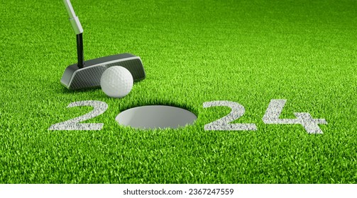 Closeup of golf ball putting and the number 2024 on green grass - 3D illustration - Powered by Shutterstock