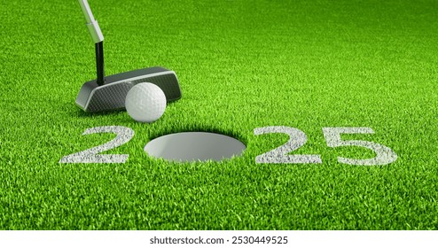 Closeup of golf ball putting and the number 2025 on green grass - 3D illustration - Powered by Shutterstock