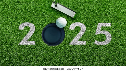 Closeup of golf ball putting and the number 2025 on green grass - 3D illustration - Powered by Shutterstock