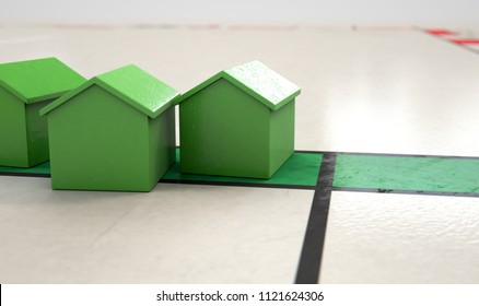 A Closeup Of Green Plastic House Icon On A Game Board - 3D Render