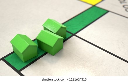 A Closeup Of Green Plastic House Icon On A Game Board - 3D Render