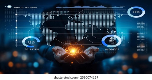A close-up of hands holding a luminous sphere, with a backdrop of a global map, statistics, and analytics, representing the intersection of technology and business innovation.