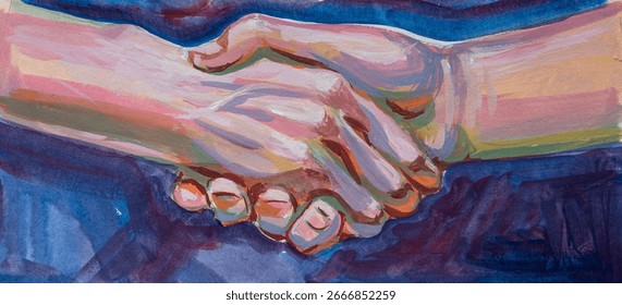 Closeup of hands supporting each other artwork. Abstract people relationships concept painting.