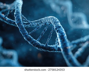 A close-up, high-resolution 3D visualization of the DNA double helix, showcasing its intricate molecular structure against a blurred blue background.