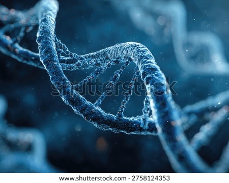 A close-up, high-resolution 3D visualization of the DNA double helix, showcasing its intricate molecular structure against a blurred blue background.