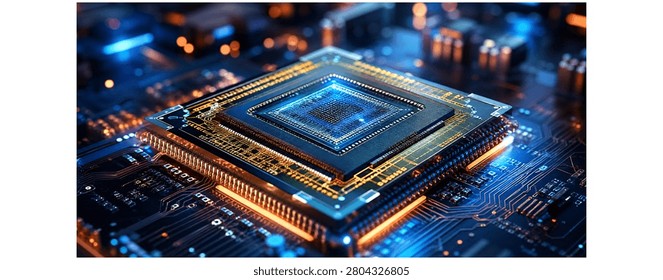 Close-up of a high-tech computer processor chip on a motherboard with glowing blue and orange circuit board pathways, representing advanced artificial intelligence, future technology, and digital computing