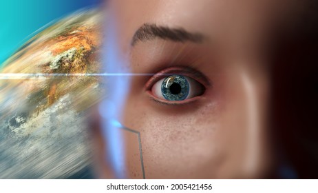 close-up human face with the reflection of the globe in the iris of the eye. stylization of illustrations on the theme of space and man. 3d render