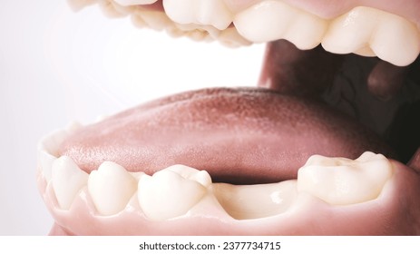 Close-up of a human mouth showcasing detailed teeth and gums. A noticeable gap between teeth indicates a missing piece. This image represents the initial stage before dental corrections, marking it as - Powered by Shutterstock