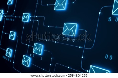 Close-up icon e-mail server, transfer, communication and data. Business, e-mail marketing, social media, computer network, mail server. 3D illustration