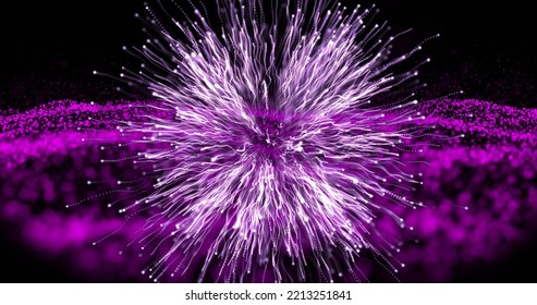 Close-up Of Illuminated White Fiber Optics Over Purple Dots Against Black Background, Copy Space. Digitally Generated, Wired, Futuristic, Telecommunications And Technology Concept.