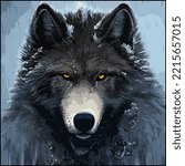 Closeup Illustration face portrait art of a large beautiful grey snowy male wolf animal with golden yellow eyes and snow on his fur in a cold winter environment.