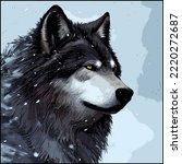 Closeup Illustration face portrait detailed art of a beautiful large grey wolf with yellow eyes looking out to the distance in an open snowy winter environment.