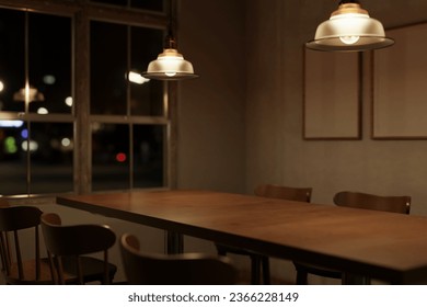 Close-up image of a beautiful vintage wooden dining table with chairs and pendant lights in a minimalist Scandinavian dining room at night. 3d render, 3d illustration - Powered by Shutterstock