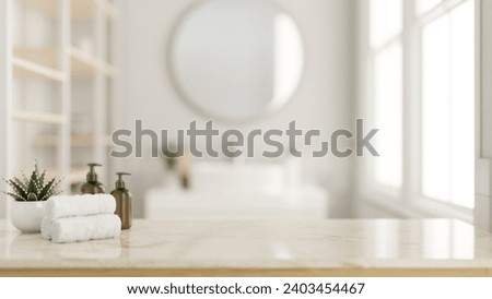 Close-up image of a copy space to display your product on a luxury marble tabletop with toiletries in a modern white and clean bathroom. 3d render, 3d illustration