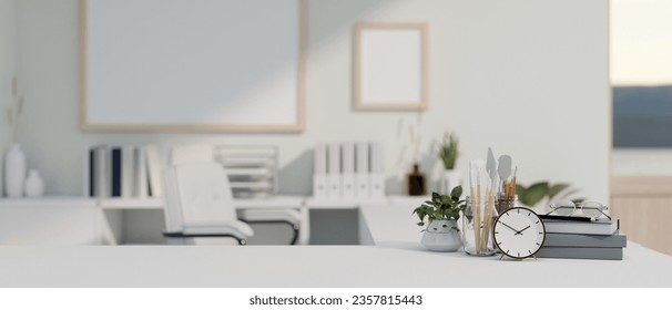 Close-up image of a copy space for displaying your product on a white tabletop with office supplies in a modern white office room. 3d render, 3d illustration