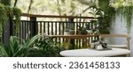 Close-up image of copy space on a coffee table on a greenery apartment balcony with various tropical plants and a beautiful nature view. Home relaxation area. 3d render, 3d illustration