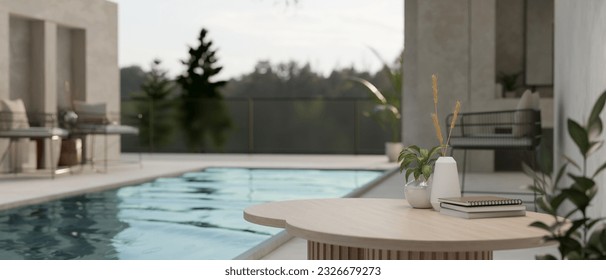 Close-up image of a empty space on a wooden coffee table by the swimming pool, modern beautiful home relaxation area. 3d render, 3d illustration