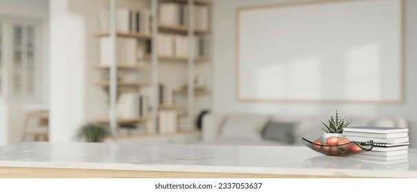 Close-up image of empty space on a luxury white marble tabletop with a blurred modern white living room as a background. 3d render, 3d illustration