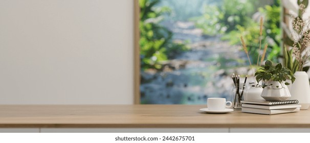 A close-up image of an empty space on a wooden tabletop with objects in a modern room with a beautiful picture on the wall. 3d render, 3d illustration