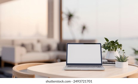 A close-up image of a laptop computer with a white-screen mockup on a wooden table in a luxurious contemporary living room with a sea view. 3d render, 3d illustration