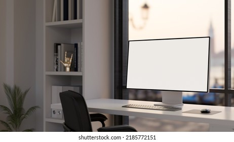 Close-up Image, Modern Home Office Interior Design With Bookshelf, Decor, And PC Desktop Computer Mockup On The Table Against The Window. 3d Rendering, 3d Illustration