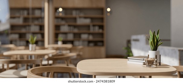 A close-up image of a space for displaying products on a wooden table with armchairs in a beautiful, contemporary coffee shop or restaurant seating area. 3d render, 3d illustration - Powered by Shutterstock