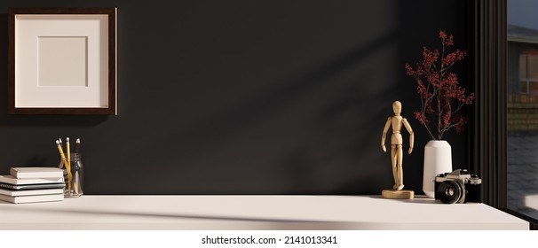 Close-up Image, White Tabletop With Copy Space For Product Display And Home Accessories Decor Against Black Wall With Mockup Frame. 3d Rendering, 3d Illustration