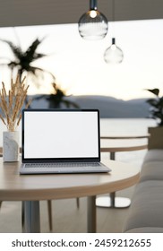 A close-up image of a white-screen laptop computer mockup on a round wooden table in a modern and comfortable restaurant or hotel lounge. place of work concept. 3d render, 3d illustration