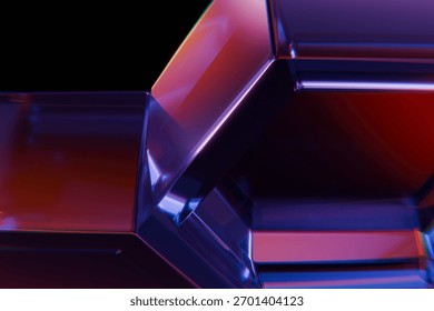 Close-up of interconnected, reflective geometric shapes in purple, blue, and red hues, creating an abstract, futuristic mosaic against a dark backdrop with glowing edges