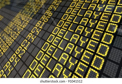 Close-Up Of An International Airport Board Panel With All Flights Delayed