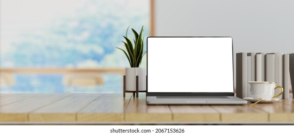 Close-up Laptop computer empty screen mockup with simple decor and copy space on wooden table. 3d rendering, 3d illustration