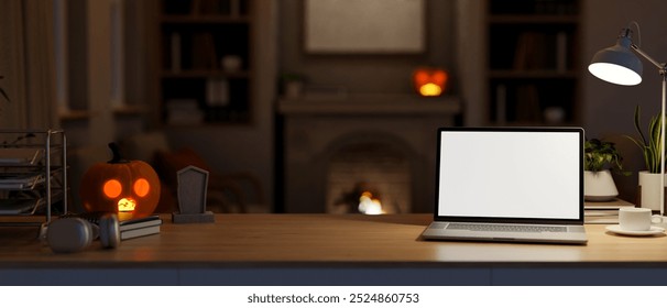 A close-up of a laptop mockup and accessories on a wooden table in a living room on Halloween night, illuminated by a table lamp and glowing Halloween pumpkin lights. 3d render, 3d illustration - Powered by Shutterstock