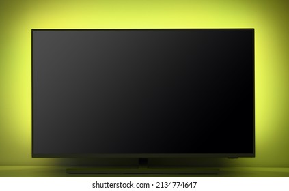 Close-up Of A Large LED TV With Backlight.TV Set In A Cozy Living Room.  