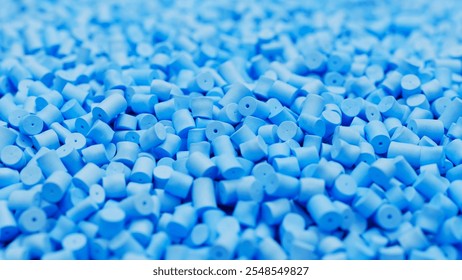 Closeup of light blue plastic polypropylene granules, masterbatch polymer grain with shallow dof. HDPE or PVC resin pellets. 3d render illustration. 3D Illustration