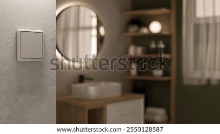 A close-up of a light switch on a white wall, with a blurred modern minimalist bathroom in the background. home electric light. 3d render, 3d illustration