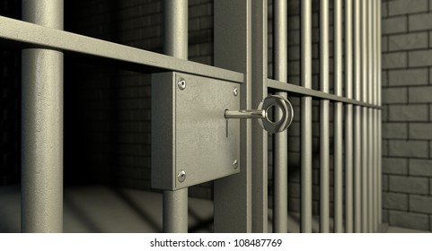 A closeup of the lock of a  brick jail cell with iron bars and a key in the locking mechanism