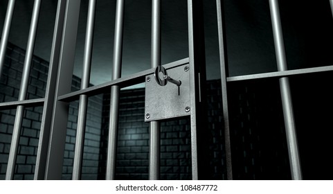 A Closeup Of The Lock Of A Brick Jail Cell With Iron Bars And A Key In The Locking Mechanism With The Door Open