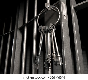 A Closeup Of The Lock Of A  Jail Cell With Iron Bars And A Bunch Of Key In The Locking Mechanism With The Door Open