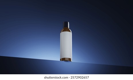 Closeup Lotion bottle isolate on blue scene lighting studio display background. Cosmetic Product idea concept. 3D Rendering.