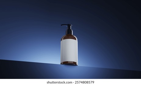 Closeup Lotion bottle isolate on blue scene lighting studio display background. Cosmetic Product idea concept. 3D Rendering.