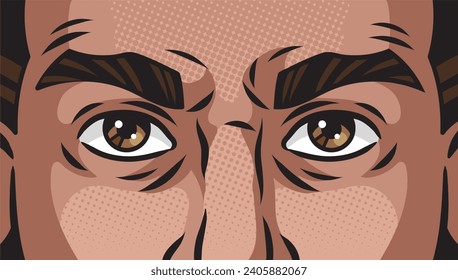 Close-up of man face eyes looking intently and intensely pinup pop art retro hand drawn raster illustration. Comic book style imitation. - Powered by Shutterstock