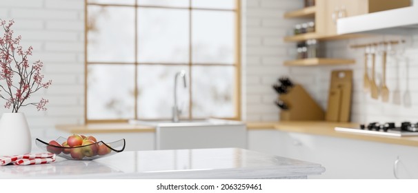Close  up Marble granite kitchen counter island for product display modern bright   clean kitchen space  3d rendering  3d illustration