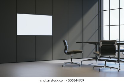 Closeup Of Meeting Room In A Dark Luxury Contemporary Panoramic Office. With Empty Screen Tv On Wall. 3D Rendering