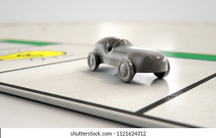 A Closeup Of A Metal Die Cast Car Icon On A Game Board  - 3D Render